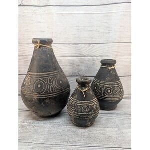 Vintage Tonalá Black Pottery Vase Set 3-Pc Mexican Barro Negro Sgraffito FolkArt